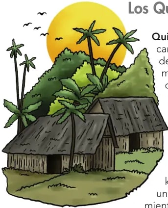 Ilustración de un quilombo brasileño: chozas con techo de paja sobre una colina verde, palmeras, sol naranja en el horizonte.