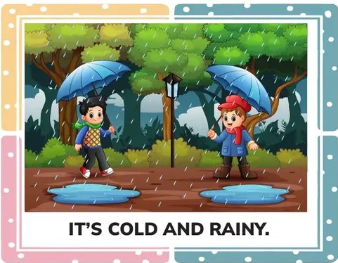 Niño y niña abrigados frente a un iglú. 'IT'S COLD AND WINDY.'
