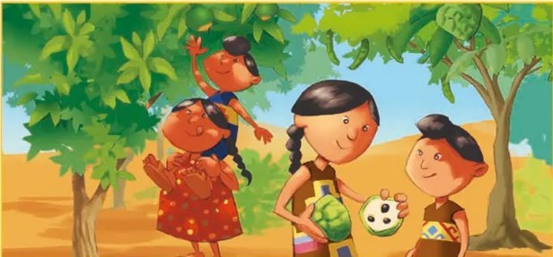 Ilustración de niños nascas cosechando frutos en un campo verde y frondoso. Representa el resultado positivo de construir los acueductos subterráneos.