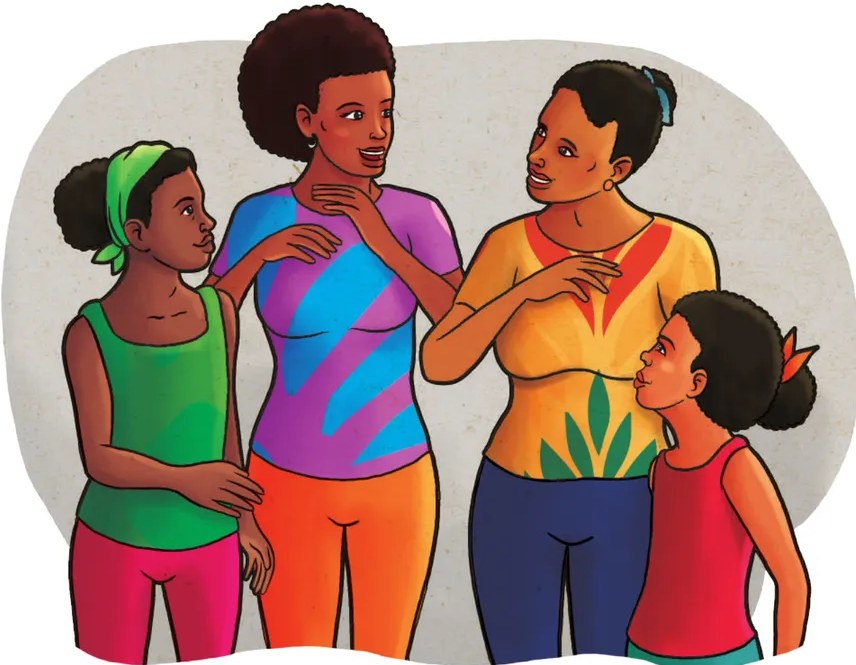 Ilustración de un grupo de mujeres afroecuatorianas con turbantes, brazos enlazados, en gesto de unidad.