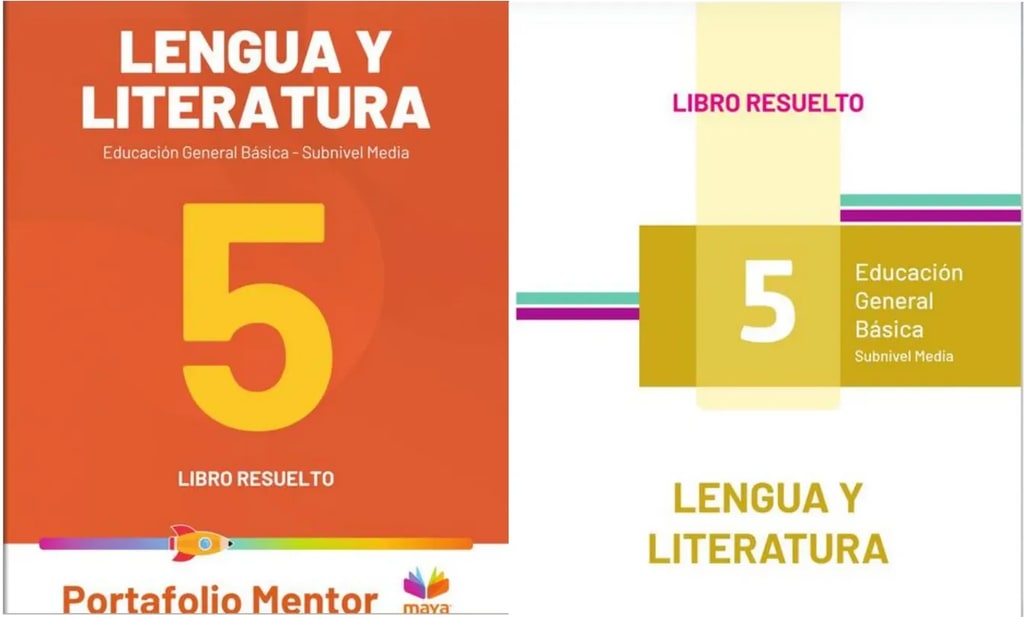Portada principal anaranjada con número 5 grande en amarillo y título 'LENGUA Y LITERATURA'. Pequeño cohete colorido en la parte inferior y logo 'Portafolio Mentor maya'.