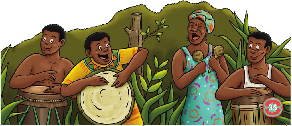 Ilustración de un grupo musical afroecuatoriano con percusiones y voces.
