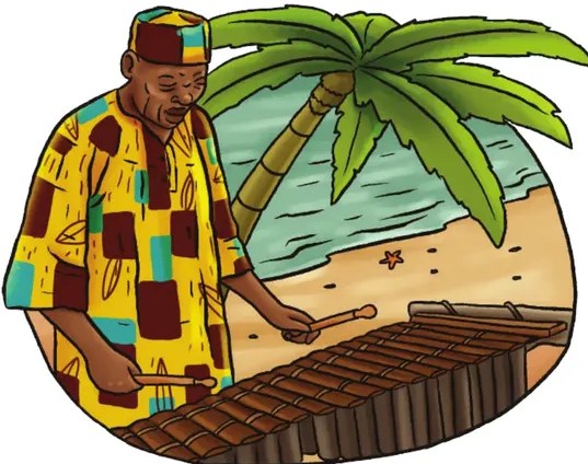 Ilustración de un hombre afroesmeraldeño con vestimenta colorida tocando la marimba a la orilla del mar, con una palmera al fondo. Representa la cultura musical de Esmeraldas.