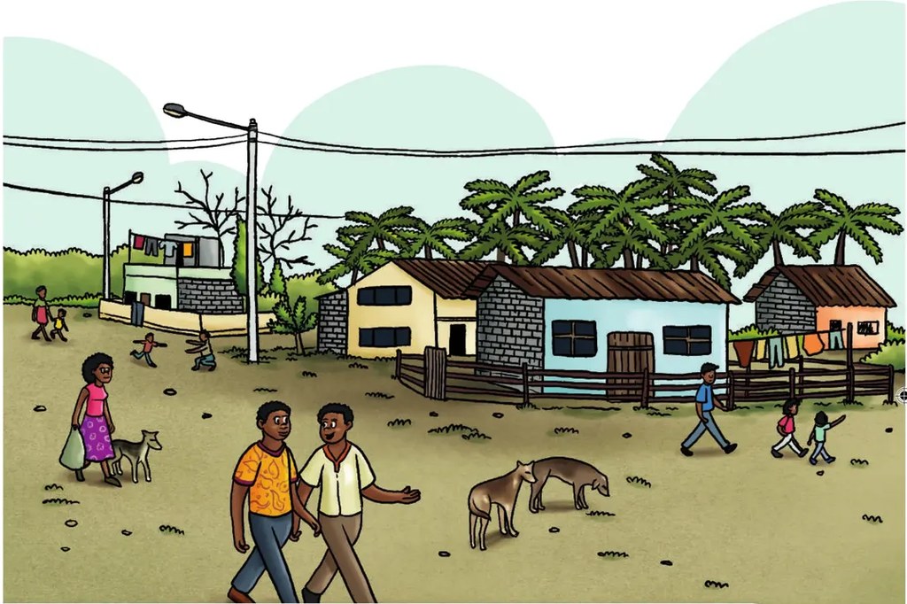 Ilustración de una calle de una comunidad afroecuatoriana con casas, palmeras y personajes: dos hombres saludándose, niñas y mujeres caminando, un burro, y un perro.