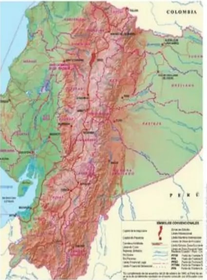 Mapa físico del Ecuador con relieves y cordilleras.
